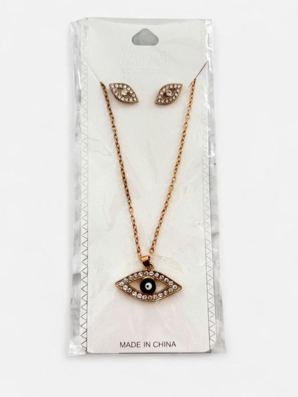 Mint Gold-Tone Evil Eye Necklace and Stud Earrings - Clear Crystal Accents